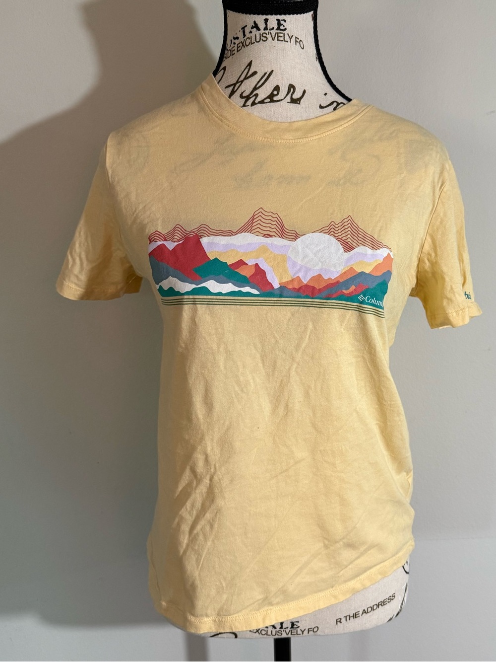 Columbia Pale Yellow Short-Sleeve Tee with Multicolor Mountain Graphic